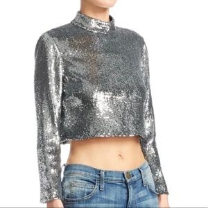A.L.C. Keegan Mock Neck Sequined Crop Top in Silver
